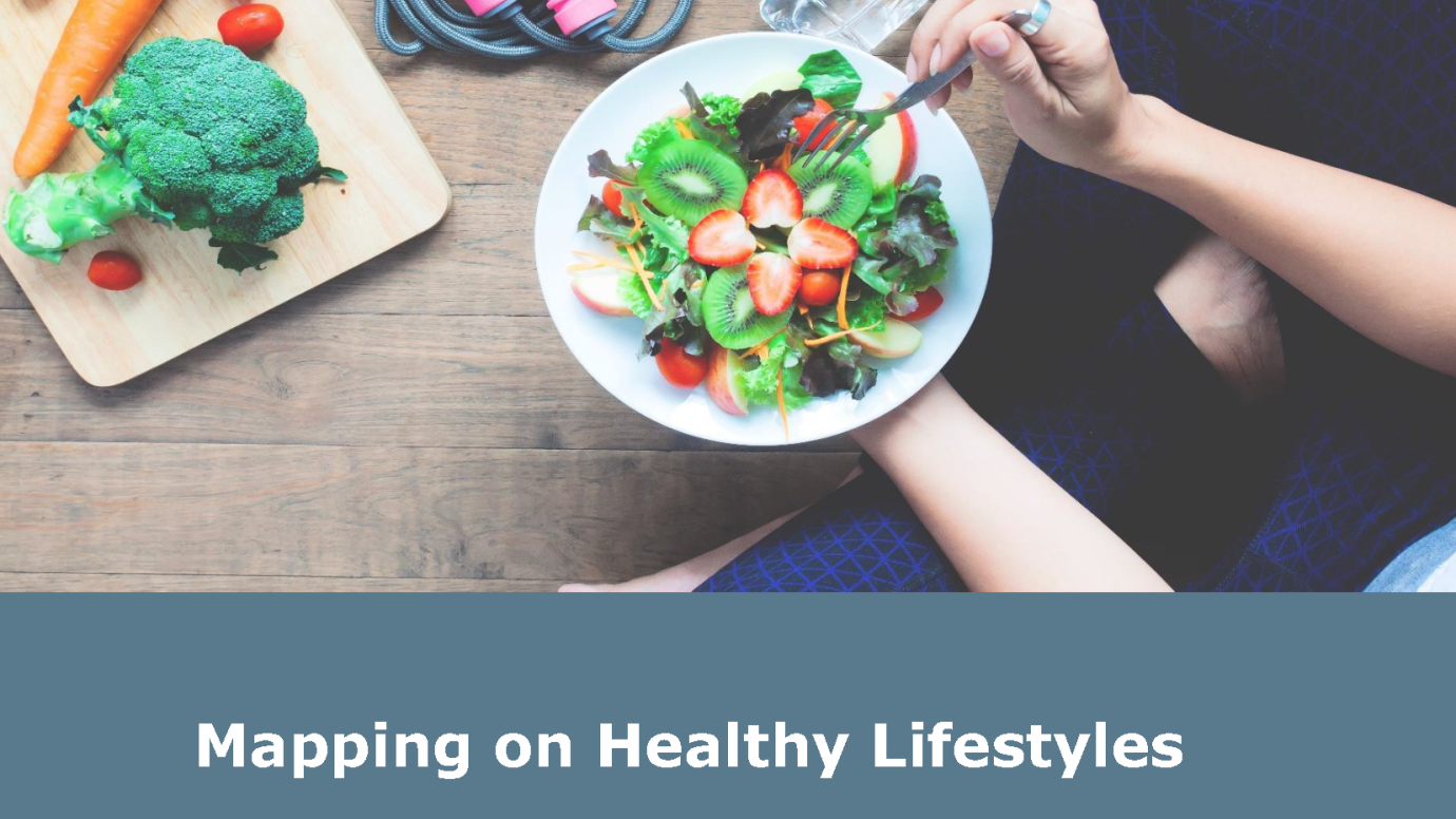Cover of the report "Mapping on healthy lifestyles" - Includes a close up picture of a person eating a salad
