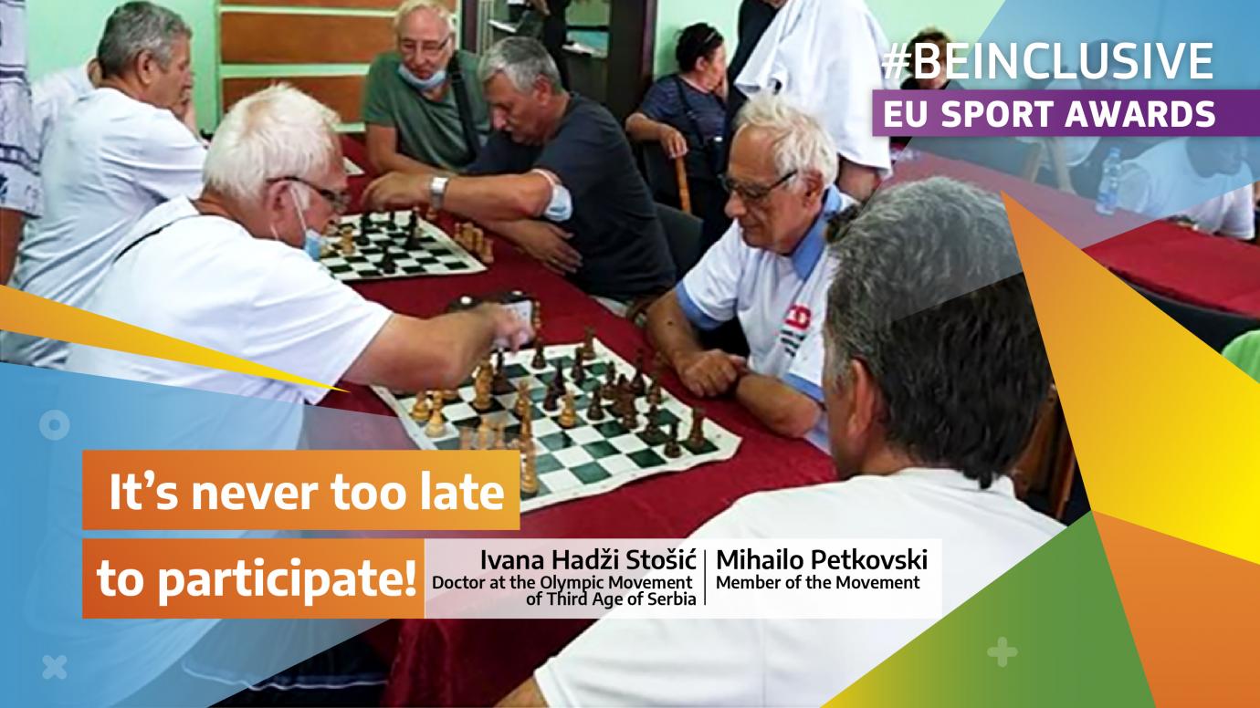 Older people playing chess together