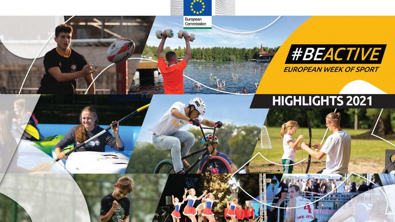 Cover of the #BeActive highlights brochure 2021, featuring a collage of persons in various sports activities