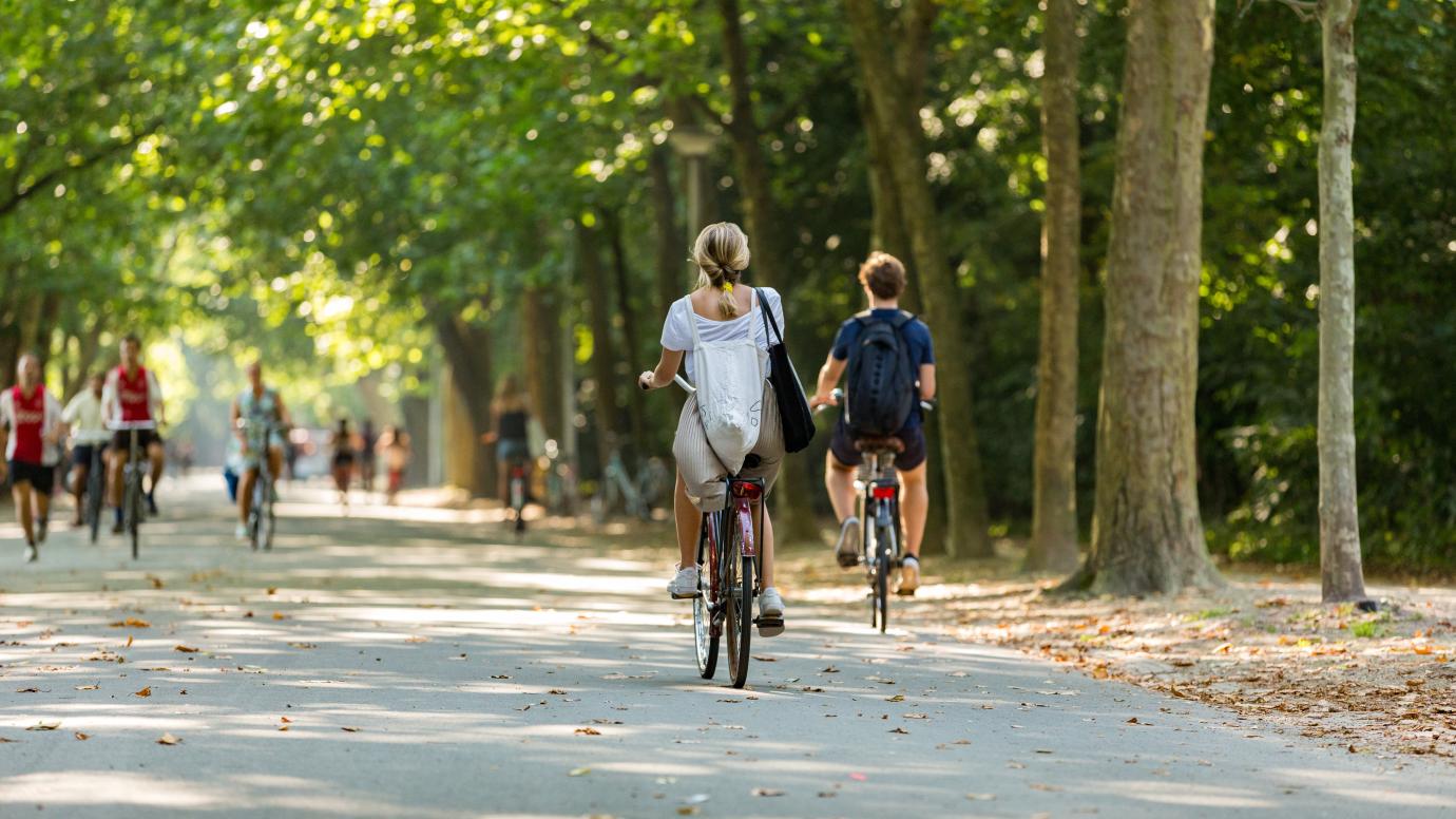 A girl and boy biking in the sunny Amsterdam Vondelpark