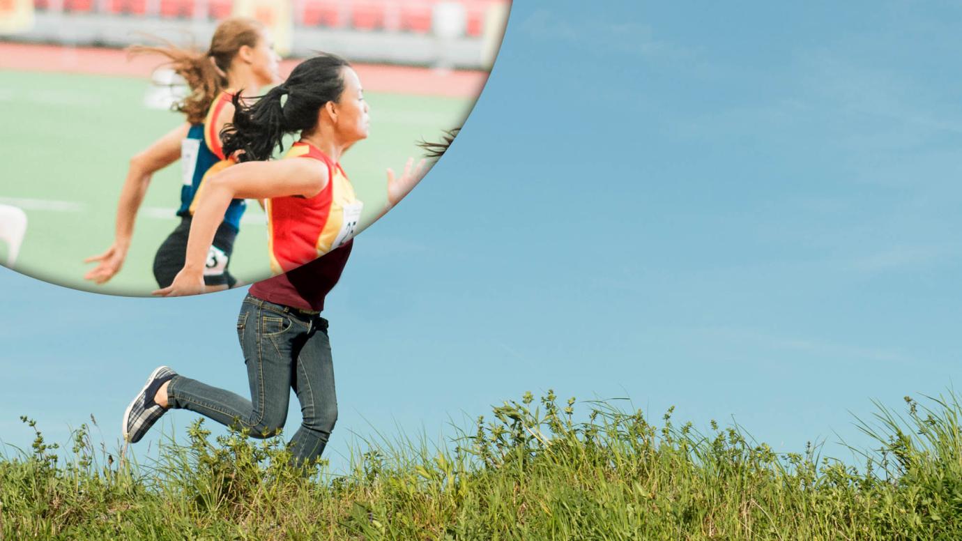 Composite image of athletes running on a track and a woman running in a field