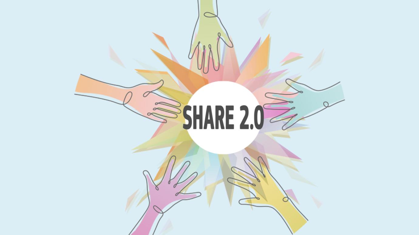 A drawing of five hands in a circle with the words "SHARE 2.0" in the middle